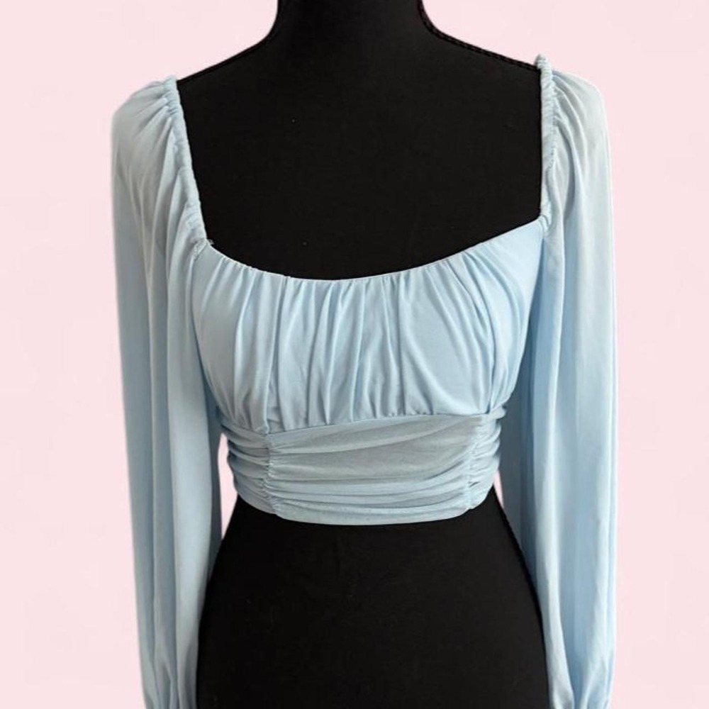 Princess Polly Blue Long Sleeve Ruched Crop Top Square Neck Size 4